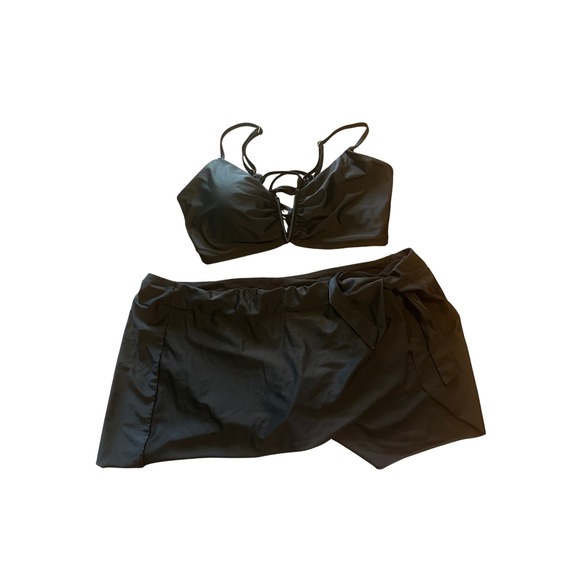 Time and Tru 2X Black Two Piece Swimsuit Skirt High Waist Deep V Plus Size - Picture 1 of 4